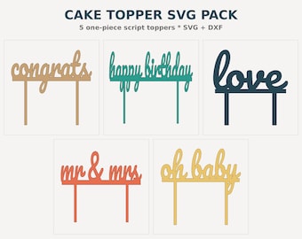 Cake Topper SVG Laser Cut Files, 5 Script Designs DXF, Happy Birthday Mr Mrs Oh Baby, Instant Download