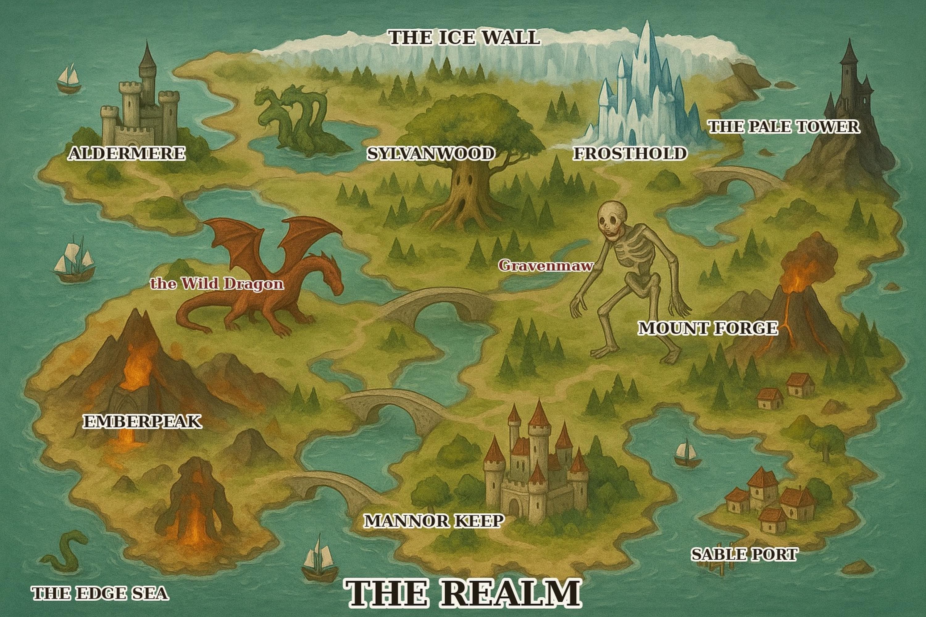 Illustrated Fantasy Map Wall Art Printable, DnD Campaign Map with Dragons and Monsters, Fantasy World Map Poster, Dungeon Master Gift