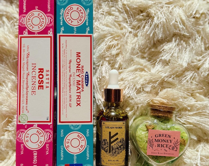 Steady Work Spell Kit | Money & Job Stability Ritual Set with Green Money Rice, Ritual Oil, Incense | Prosperity, Consistent Income