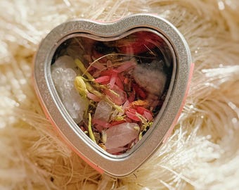Love Spell Heart Tin | Valentine’s Day | Crystal & Herb Love Spell Mix | Moonstone + Rose Quartz | Galentine’s Gift | LTO