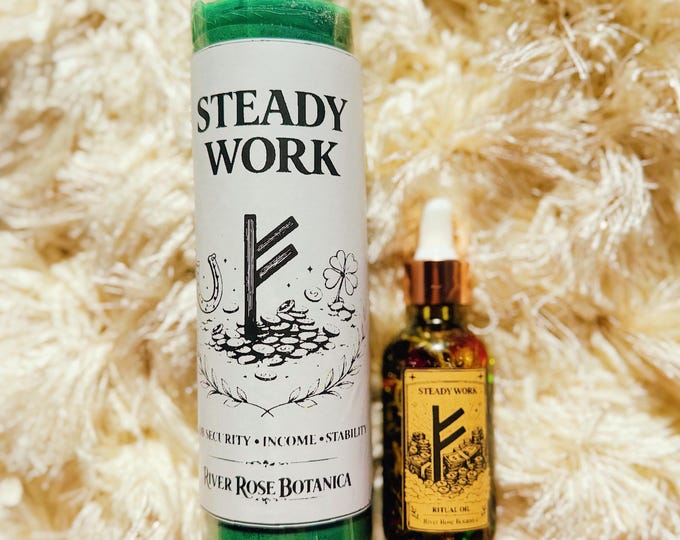 Steady Work Ritual Set | Green 7 Day Candle + Steady Work Ritual Oil | Job Security, Income, Stability, Prosperity