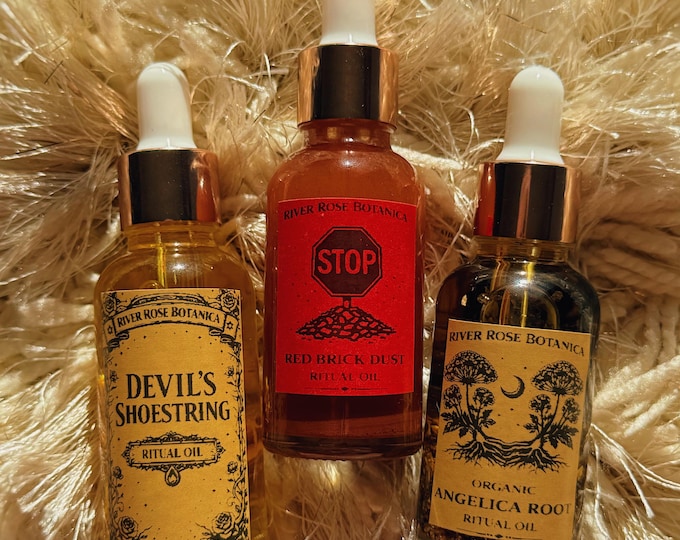 Home Protection & Boundary Ritual Oil Trio 1 oz Each | Red Brick Dust | Devil’s Shoestring | Angelica Root 30mL Oils