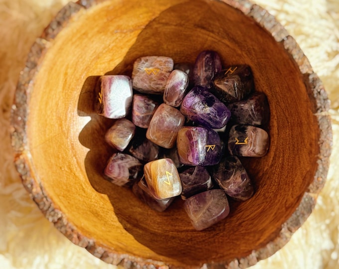 Amethyst Hand-Carved Rune Stones 25 Piece Set for Divination & Spellwork | Protection, Wisdom, Inner Guidance, Communication, Runes