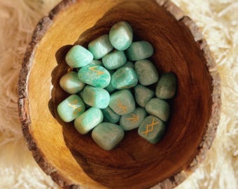 Amazonite Hand-Carved 25 Piece Rune Set | Crystal Divination Runes for Truth, Calm & Clear Communication, Empowerment, Runes, Crystal Runes