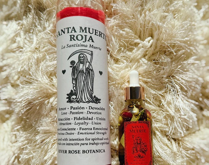 Santa Muerte Roja Love Ritual Set | Red 7 Day Candle + Santa Muerte Ritual Oil | Love, Passion, Fidelity, Devotion Altar Kit