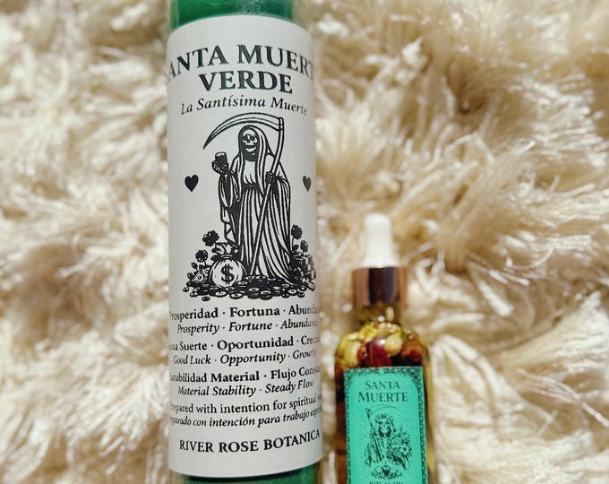 Santa Muerte Verde Ritual Set | Green 7 Day Candle + Santa Muerte Ritual Oil | Money, Justice, Health, Protection, Prosperity