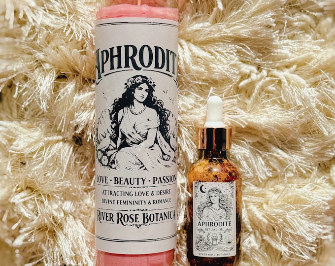 Aphrodite Altar Spell Kit | Goddess of Love & Beauty, 2oz Aphrodite Ritual Oil + 7-Day Aphrodite Candle, Self Love, Piña Colada Scented Oil