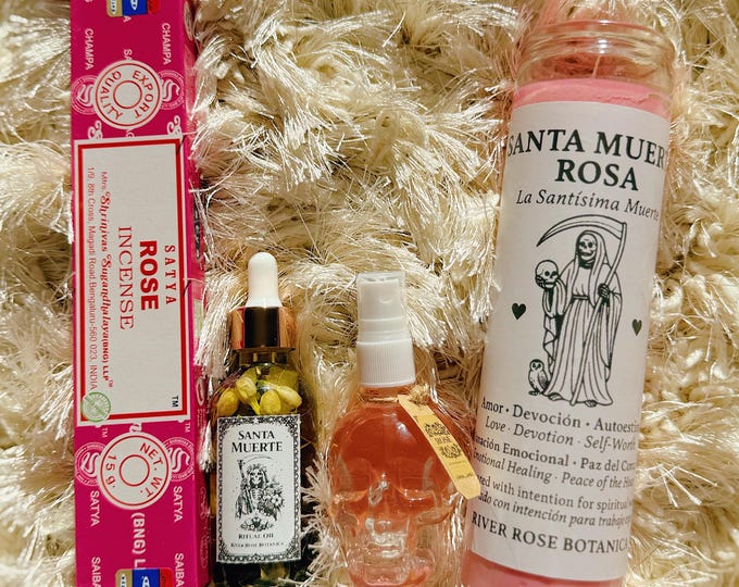 Santa Muerte Rosa Ritual Kit | Pink Santa Muerte Candle Spell Kit, Rose Incense & Ritual Oil | Love, Devotion, Emotional Healing