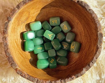 Green Aventurine Hand-Carved 25 Piece Rune Set | Crystal Divination Runes for Luck & Abundance
