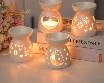 Set di lusso con bruciatore di cera in ceramica – Scalda oli essenziali per aromaterapia con cuore, luna e fiori – Decorazione accogliente per la casa e regalo perfetto per lei