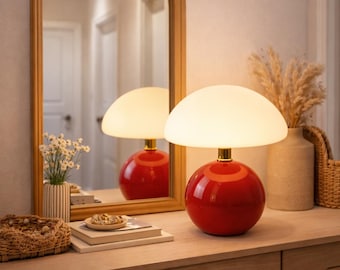 Luxuriöse rote Pilz Tischlampe - Modernes skandinavisches Nachttisch Licht, warmes Ambient LED Nachtlampe, minimalistisches Wohnkultur Geschenk für Sie