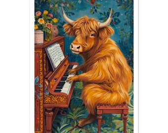Highland Cow Piano Fine Art Poster - Folk Art Cow Musician Print - Scottish Highland Cow Wall Art