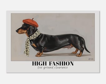 Lámina artística de perro salchicha / Póster "Alta costura, poca distancia al suelo" / Perro salchicha con boina roja y bufanda de leopardo