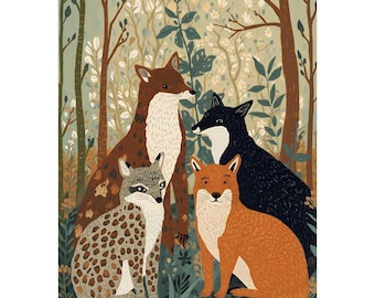 Fox and Friends  Fine Art Poster - Folk Art Woodland Gathering Print - Whimsical Fox Family Wall Art