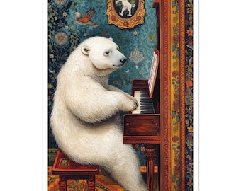 Polar Bear Piano Fine Art Poster - Folk Art Polar Bear Print - Blue Floral Animal Wall Art