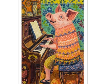 Pink Pig Piano Fine Art Poster - Maximalist Folk Art Print - Colorful Floral Pig Wall Art