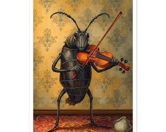 Victorian Roach Violinist Fine Art Poster - Folk Art Insect Musician Print - Antique Style Gothic Wall Art