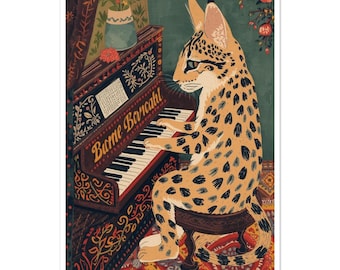 Wild Cat Playing Piano Fine Art Poster - Boho Folk Art Animal Print