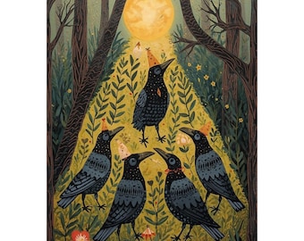 Crow Party Fine Art Poster - Folk Art Woodland Animals Print - Whimsical Corvid Celebration Wall Giclee