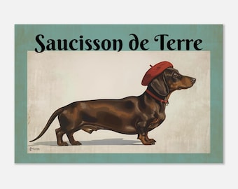 Póster de perro salchicha Saucisson de Terre / Impresión giclée de bellas artes / Decoración de perro francés / Perro salchicha Red Hat