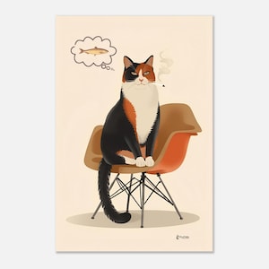 May include: A whimsical illustration of a cat with black, orange, and white fur, smoking a cigarette while seated on a mid-century modern chair. A thought bubble above the cat depicts a fish. The chair is brown and orange.