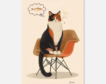 Arte de gato calicó de mediados de siglo / Silla Eames y burbuja de pescado / Póster retro de gato fumando / Impresión giclée de bellas artes humorísticas