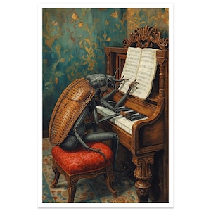 Pode incluir: Uma impressão artística retrata um besouro tocando piano. O besouro tem uma carapaça marrom e está sentado em um banquinho vermelho estofado. O piano marrom tem teclas brancas e pretas, e uma partitura está no suporte.