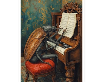 Victorian Roach Piano Fine Art Poster - Folk Art Insect Musician Print - Teal & Gold Gothic Decor