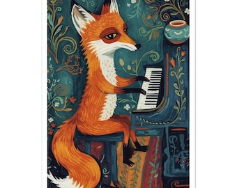 Folk Art Fox Piano Poster - Whimsical Fox Musician Fine Art Print