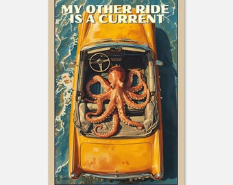 Impresión artística de "Mi otro viaje es un pulpo actual" / Póster de coche clásico flotante / Decoración de pared náutica peculiar / Arte de casa de playa