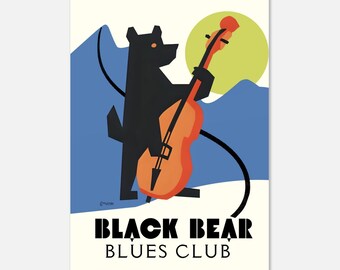 Póster de arte fino del Black Bear Blues Club / Impresión gráfica de oso tocando el bajo / Decoración de jazz con gráficos de Mythos / Regalo para músicos