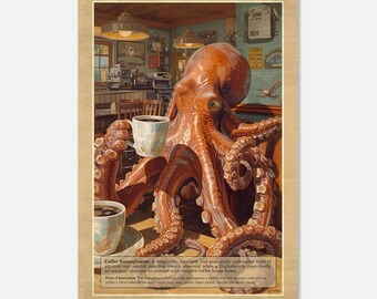 Impresión artística de la cafetería "Pulpo enredado en el café" / Póster humorístico sobre cefalópodos / Impresión artística giclée / Decoración náutica para café