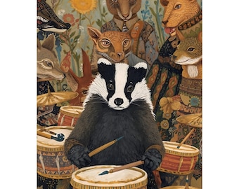 Badger Drummer Fine Art Poster - Folk Art Woodland Band Print - Whimsical Forest Animal Decor