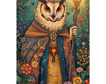 Owl Wearing Cloak Art - Fantasy Woodland Animal Poster - Jewel Tone Nature Decor - Folk Art Owl with Staff