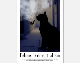Lámina artística sobre existencialismo felino / Póster de gato fumando en pipa / Decoración de humor negro filosófico / Arte mural para el hogar / Regalo ingenioso para amantes de los gatos