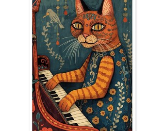 Orange Tabby Cat Piano Poster - Folk Art Animal Fine Art Print - Blue Floral Cat Wall Art