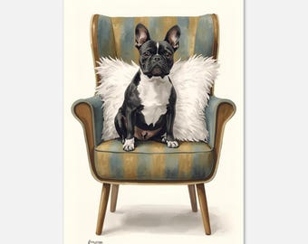 Impresión artística de un bulldog francés con un bonito interludio / Póster vintage de perro con silla / Decoración en blanco y negro de bulldog francés / Póster giclée de bellas artes