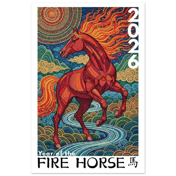 2026, année du cheval de feu - Poster beaux-arts mosaïque soleil doré