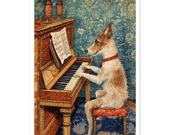White and Brown Spotted Dog Art - Victorian Style Music Decor - Ornate Animal Piano Fine Art Poster