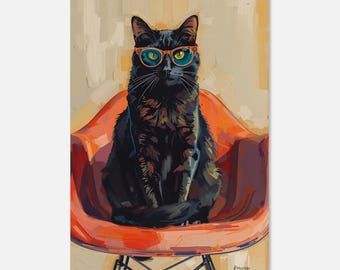 Lámina artística de gato de mediados de siglo / Gato negro con gafas en silla Eames / Decoración de pared retro MCM / Póster de animal sofisticado / Regalo para amantes del diseño