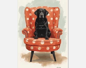 The Spot-On Companion Black Lab Art Print | Vintage Red Polka Dot Chair | Dog Poster | Black Labrador Giclee