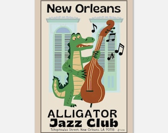 Póster del club de jazz Alligator de Nueva Orleans / Impresión artística de Mythos Graphics / Decoración de jazz del Barrio Francés