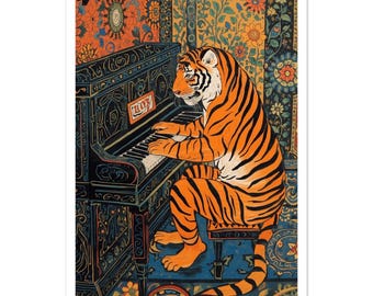 Tiger Piano Fine Art Poster - Asian Folk Art Style Print - Bold Orange & Gold Maximalist Wall Art