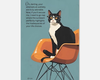 Póster de gato "El veredicto del sofisticado" / Arte moderno sarcástico de mediados de siglo / Silla Eames y gafas de ojo de gato / Decoración turquesa en giclée de bellas artes