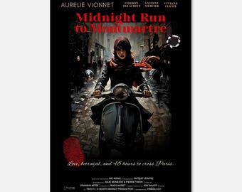 Póster de la película "Carrera de medianoche a Montmartre" / Impresión artística de París Noir / Arte mural de misterio cinematográfico / Póster de thriller francés