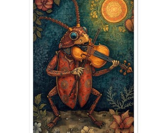 Beetle Fiddle Fine Art Poster - Folk Art Insect Musician Print - Celestial Sun & Beetle Wall Art