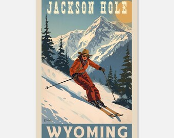 Póster vintage de esquí de Jackson Hole / Impresión artística de vaquera esquiando / Decoración de deportes de invierno del oeste / Póster de bellas artes de viajes de Wyoming