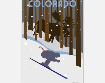Póster de esquí de Colorado / Impresión artística gráfica de esquí / Alce en los árboles / Decoración vintage de Colorado / Arte giclée de esquiador alpino