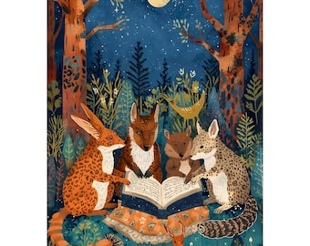 Woodland Animals Reading Poster - Folk Art Forest Print -Books by Moonlight Fine Art Print