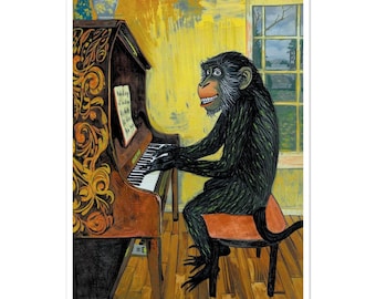 Cheeky Monkey Piano Fine Art Poster - Folk Art Yellow Monkey Print - Whimsical Animal Musician Decor